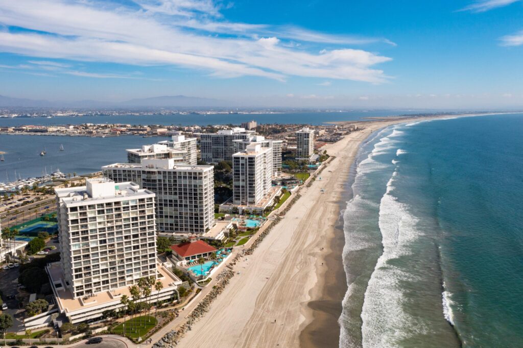 Aerial view of Coronado Shores oceanfront condominiums in Coronado, California